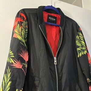 Guess men’s bomber jacket. Floral pattern sleeves